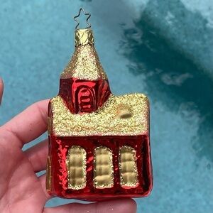 Vintage Inge-Glas OWC Red & Gold Church Schoolhouse Glass Christmas Ornament